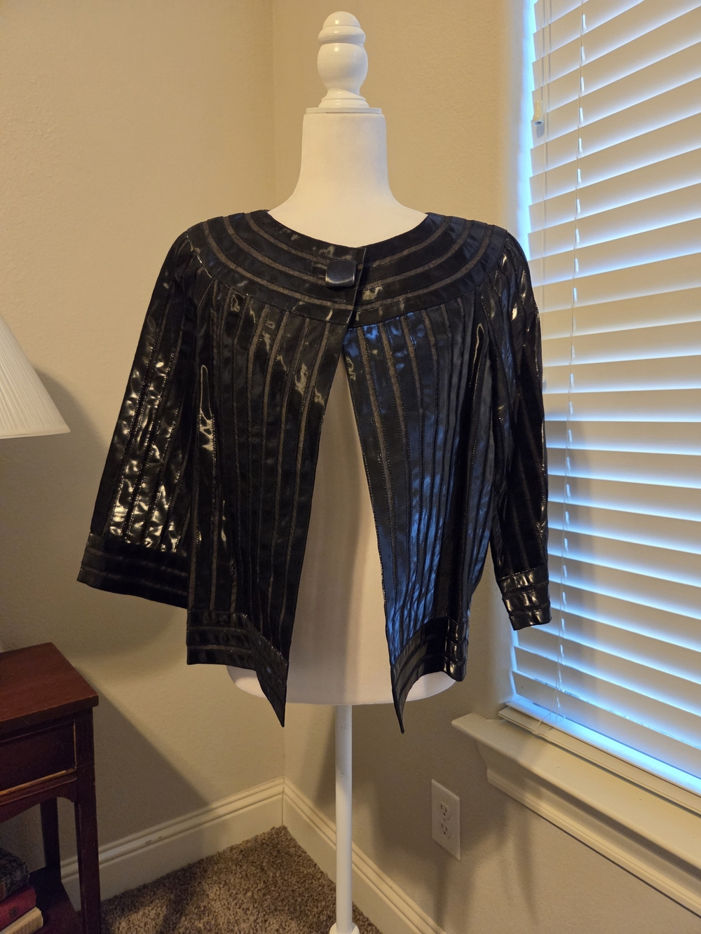 Ellen Tracy Black Patent-Style Pleated Cardigan Jacket